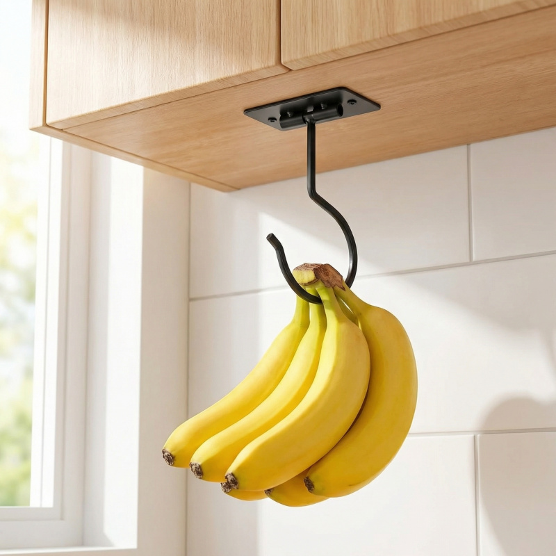 Food Storage Cabinet - Black Metal Self-Adhesive Banana Hook Foldable